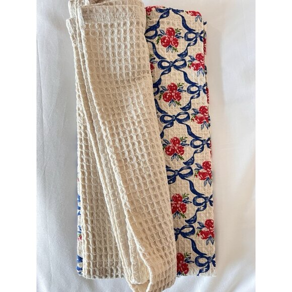 NEW Set 2 Kitchen Towels BLUE BOWS & ROSES Maison Home 100% Cotton Blue & White - Picture 6 of 6